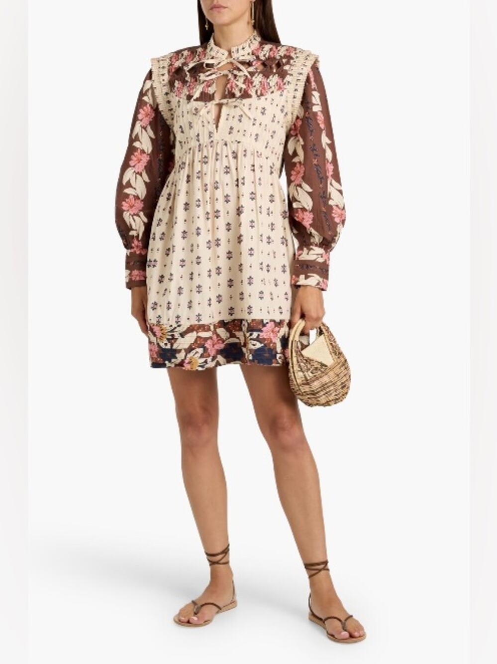 FARM RIO Pintucked printed cotton voile floral long sleeve mini dress